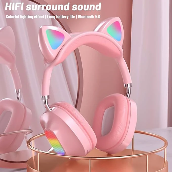 OHAANYY STN06 Bluetooth 5.0 Cat Ear Headphones, LED Light, Foldable, Wireless, O
