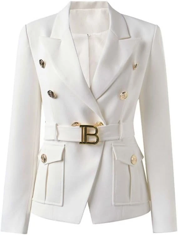 Women Classic Golden Buttons Work Office Elegant White Black Pink Women Pocket F