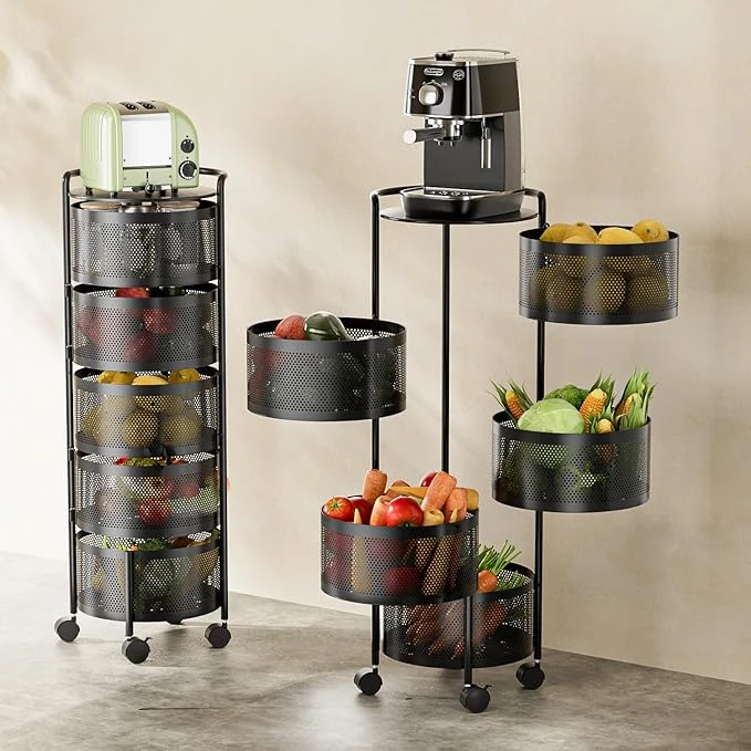 JAQ Rotating Fruit Basket, 5-Tier Metal Sturdy Kitchen Storage Rack Shelf Carts 