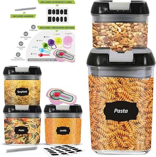 Pluto Packaging Easy To Use Air Tigh Food Grade Approved & BPA Free Durable Cereal Storage Containers For Dry Foods (5 Piece, Mixed Set)