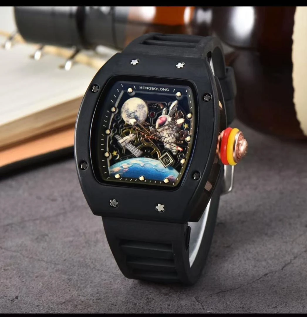 Automatic Watch Tonneau Luxury Skeleton Watches for Men Mechanical 50M Waterproof Analogue Watches Mens Unique Cool Square Big Face Dial Wristwatch with Silicone Strap Band