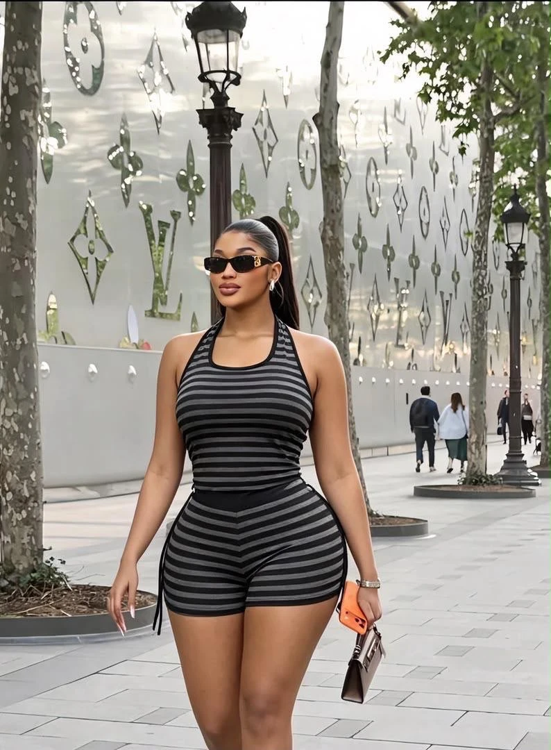 striped halter neck two-p...